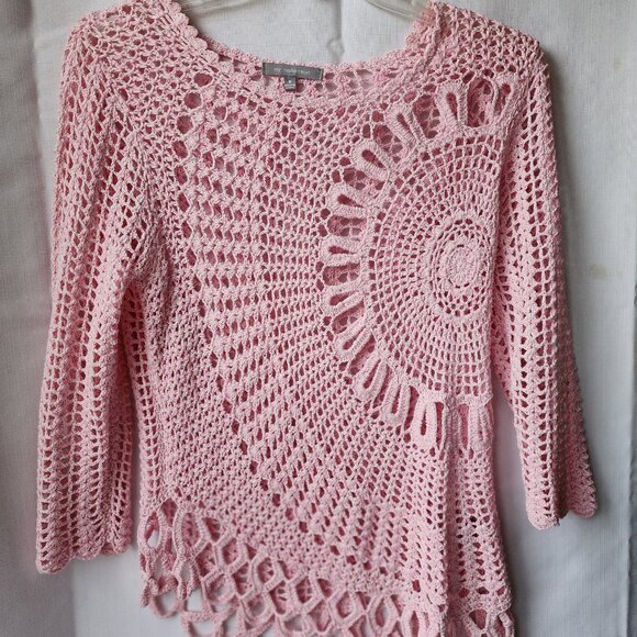NY Collection Tops - NY Collection Crochet Sweater Boho-chic Asymmetrical Circular Soft blush pink M.